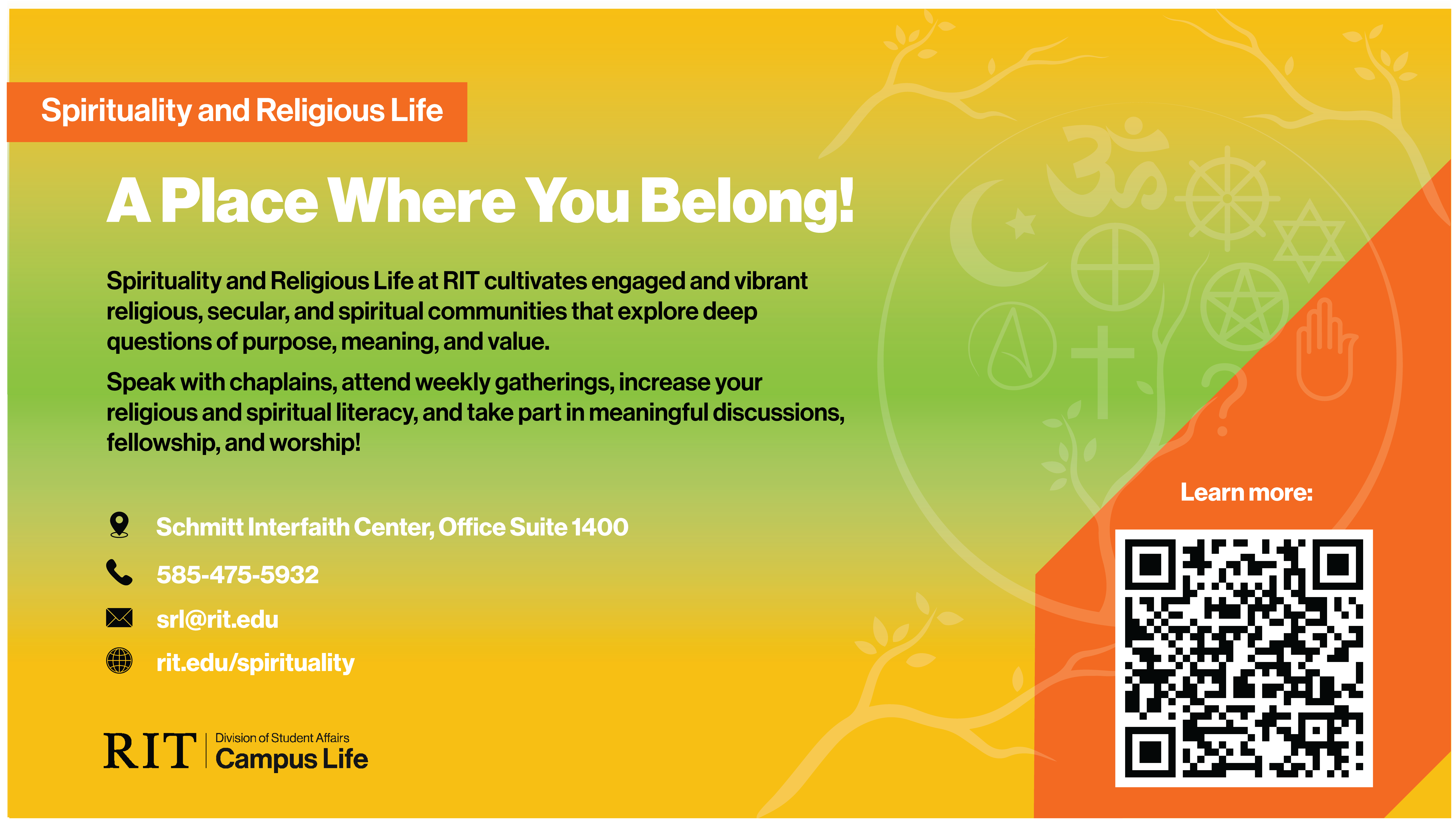 RIT Spirituality and Religious Life graphic promoting community, fellowship, worship, and chaplain services at the Schmitt Interfaith Center.
