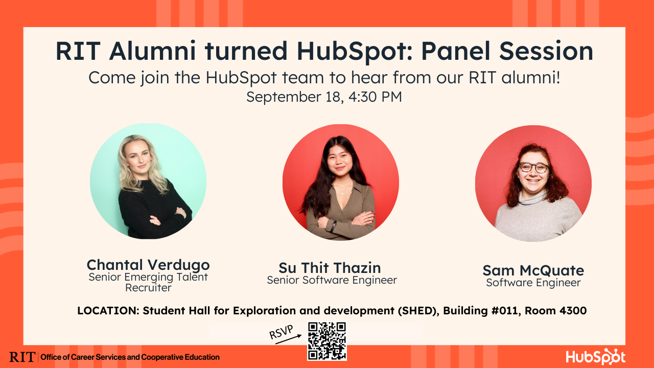 Flyer promoting an RIT alumni panel with HubSpot team members, including photos of three speakers.