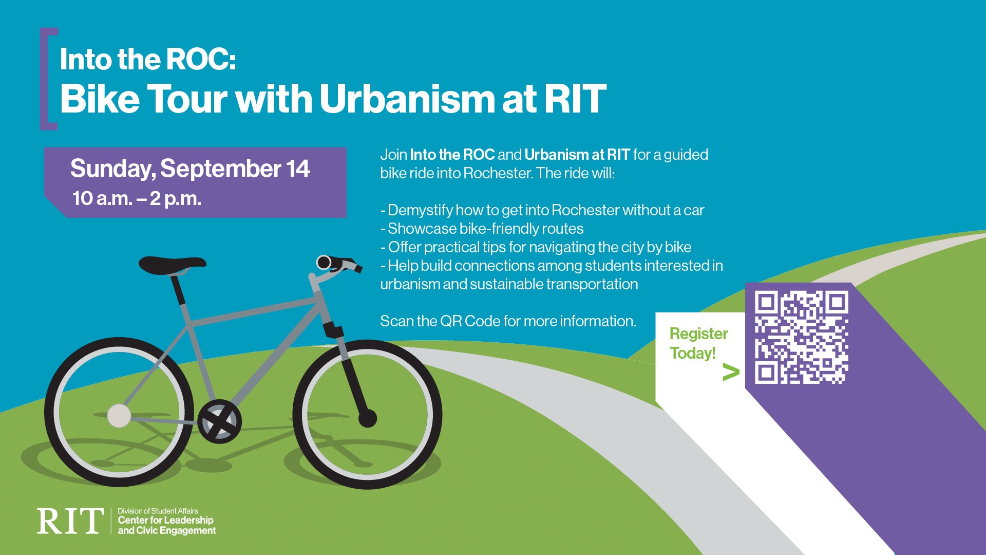 RIT flyer for ‘Into the ROC: Bike Tour with Urbanism at RIT’ on Sunday, September 14, from 10 a.m. to 2 p.m. promoting a guided bike ride into Rochester with tips on bike-friendly routes and sustainable transportation. Includes a QR code to register.
