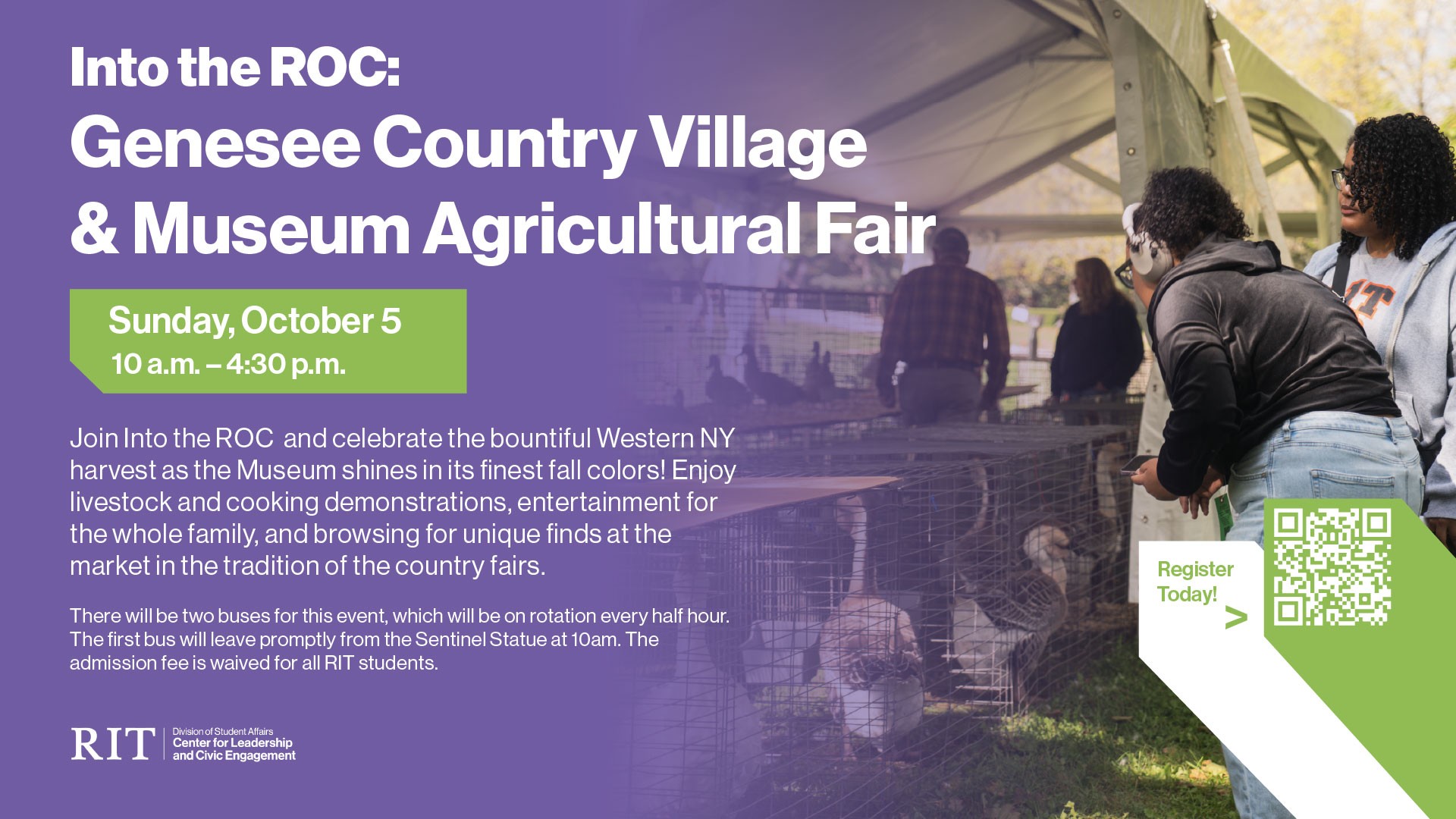 Flyer for an RIT event at Genesee Country Village with students observing farm animals at an outdoor fair.