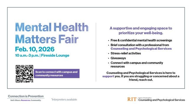 Flyer for the “Mental Health Matters Fair” on Feb. 10, 2026, 10 a.m.–3 p.m. at the Fireside Lounge.