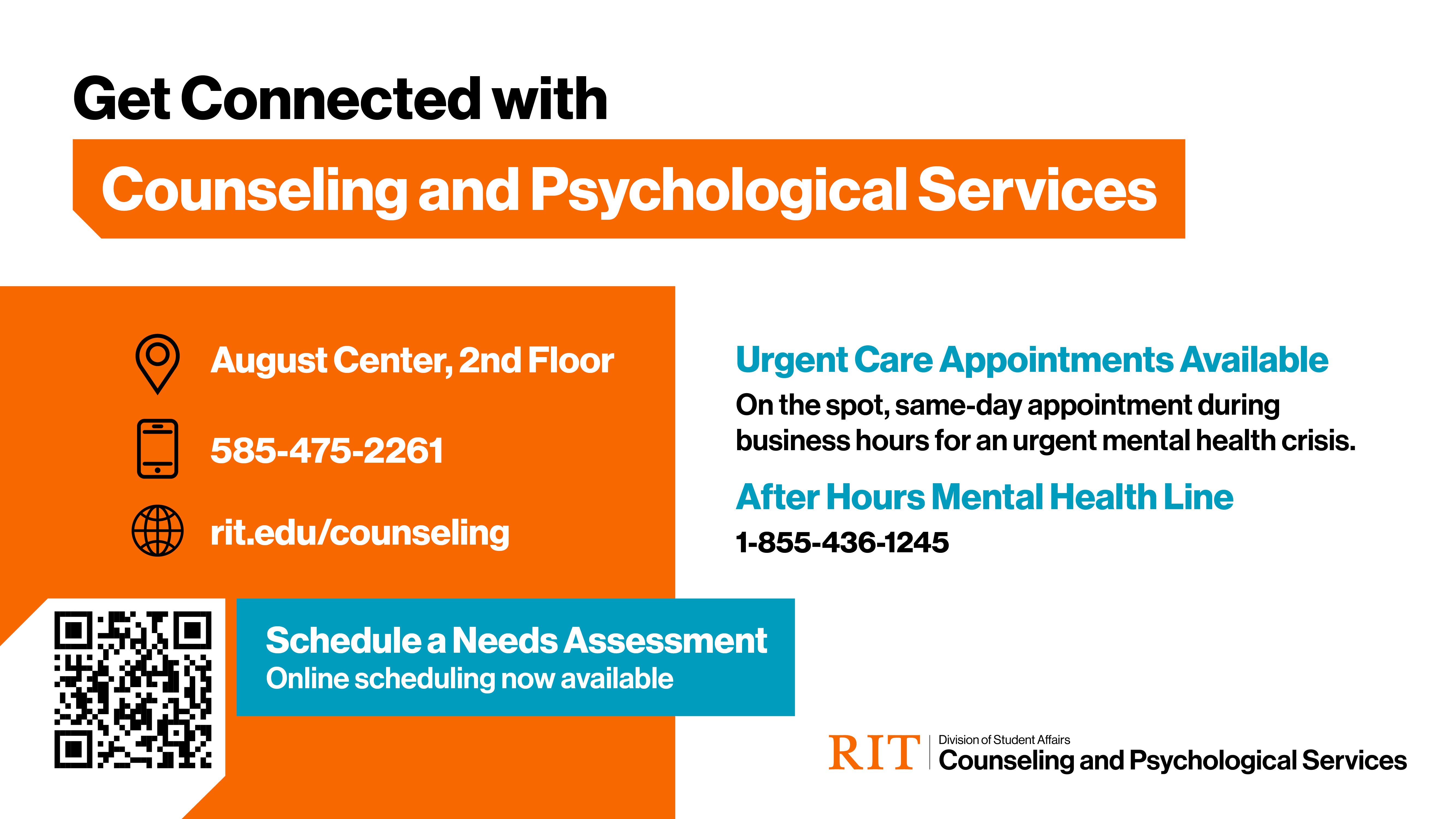 RIT Counseling and Psychological Services flyer with contact info, urgent care and after-hours mental health line, and QR code for scheduling a needs assessment.
