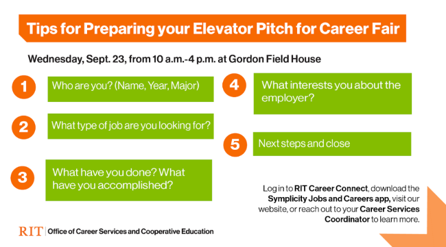 An graphic with tips for preparing an elevator pitch for a career fair, outlining five key steps.
