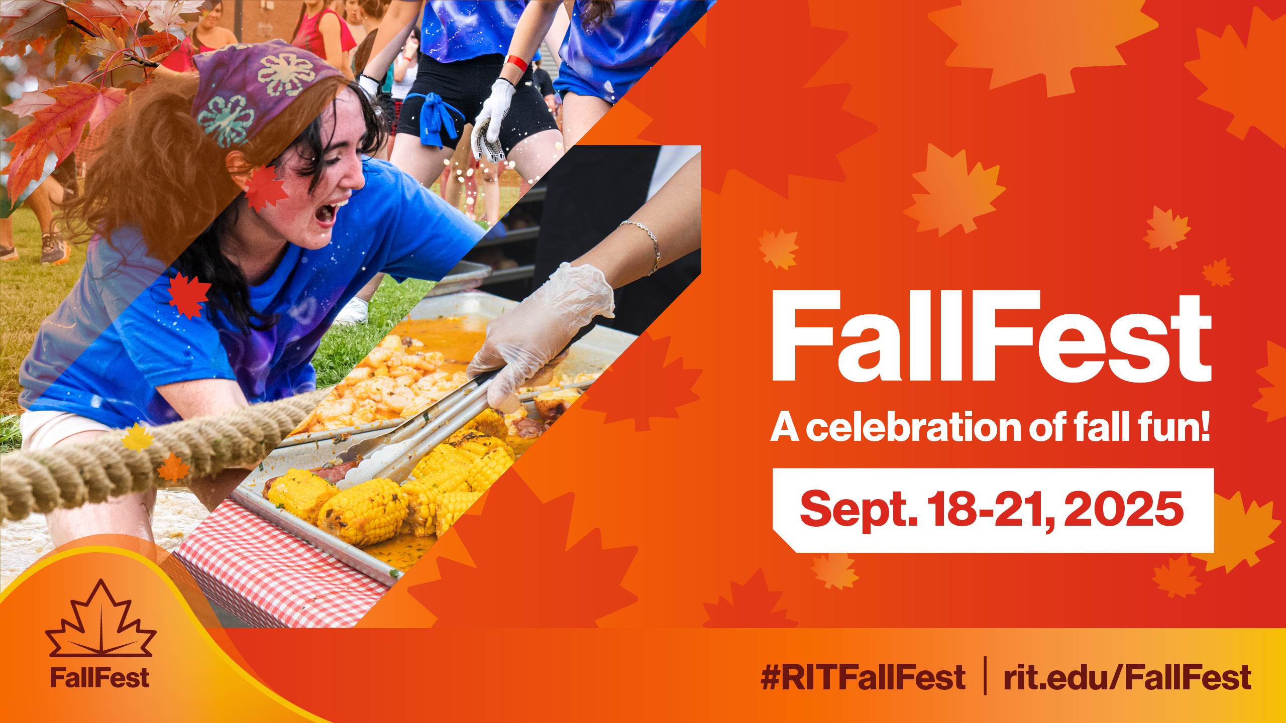 RIT FallFest 2025 poster with tug-of-war, food, and event details Sept. 18–21, 2025.