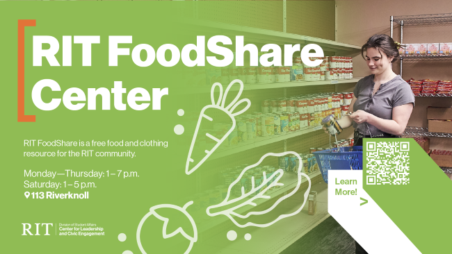 A student holds a canned item in a food pantry next to text describing RIT FoodShare as a free food and clothing resource at 113 Riverknoll, with hours listed as Monday–Thursday 1–7 p.m. and Saturday 1–5 p.m.