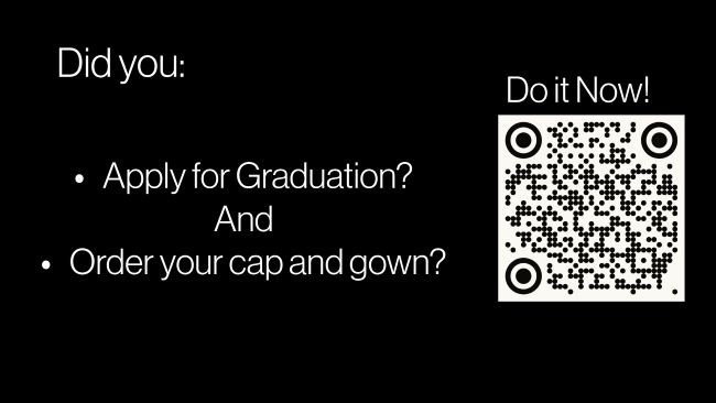 Informational graphic for students with a checklist for graduation: 'Apply for Graduation' and 'Order your cap and gown.' QR code: https://www.rit.edu/commencement/