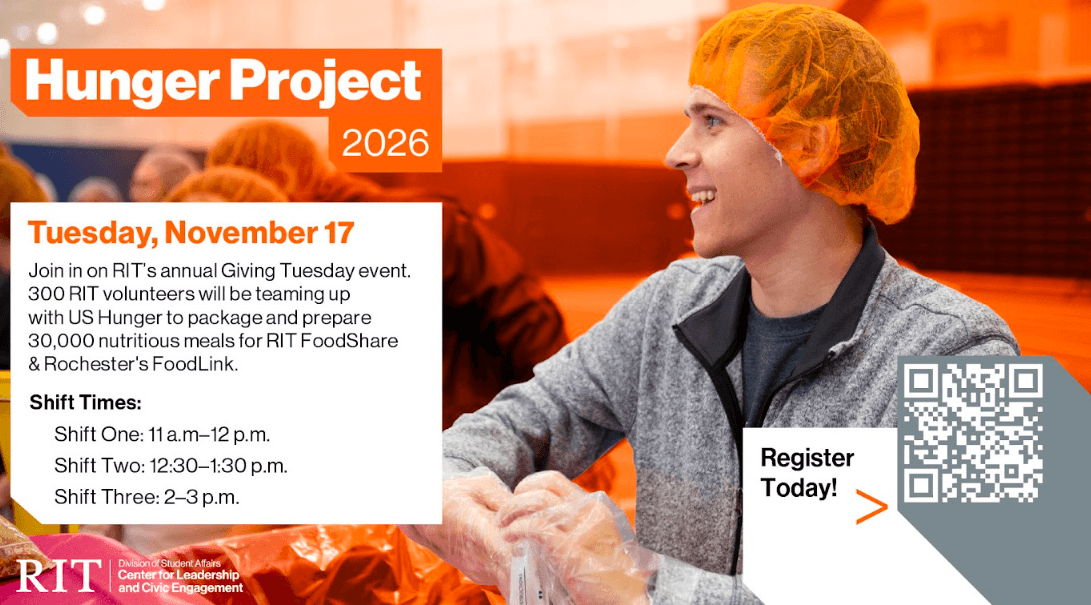 Promotional poster for RIT's Hunger Project 2026 event on November 17. Features three shift times, a QR code to register: https://cglink.me/2d1/r2328242