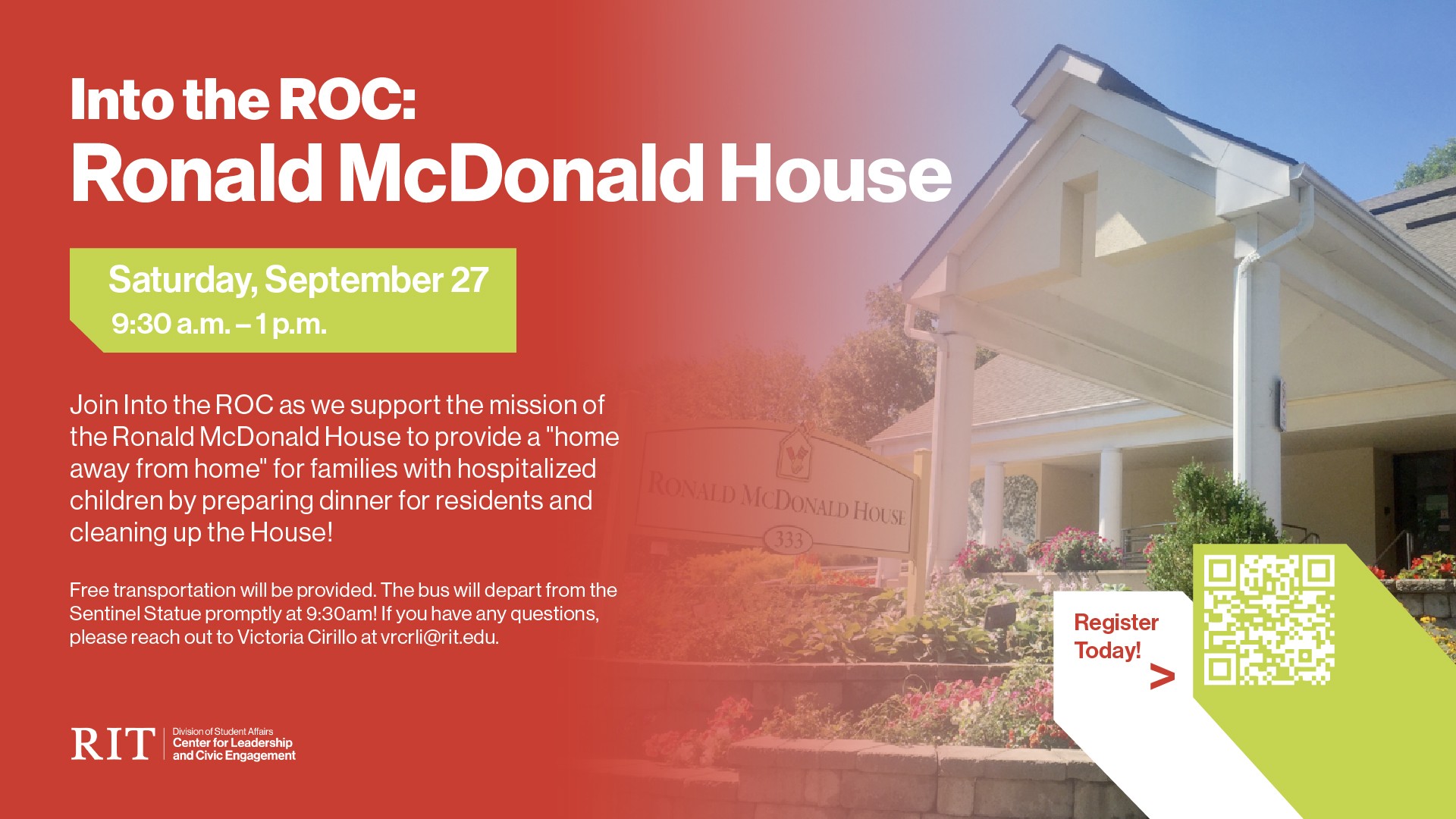 Flyer for Into the ROC: Ronald McDonald House event on Saturday, September 27, 9:30 a.m.–1 p.m., featuring volunteer activities and free transportation