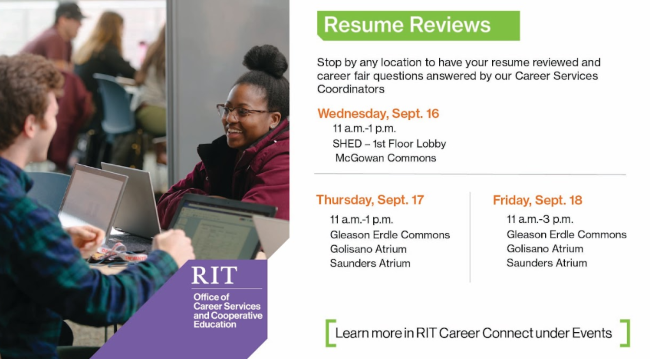 A group of students sitting around a table chatting with a staff member during a resume review session.