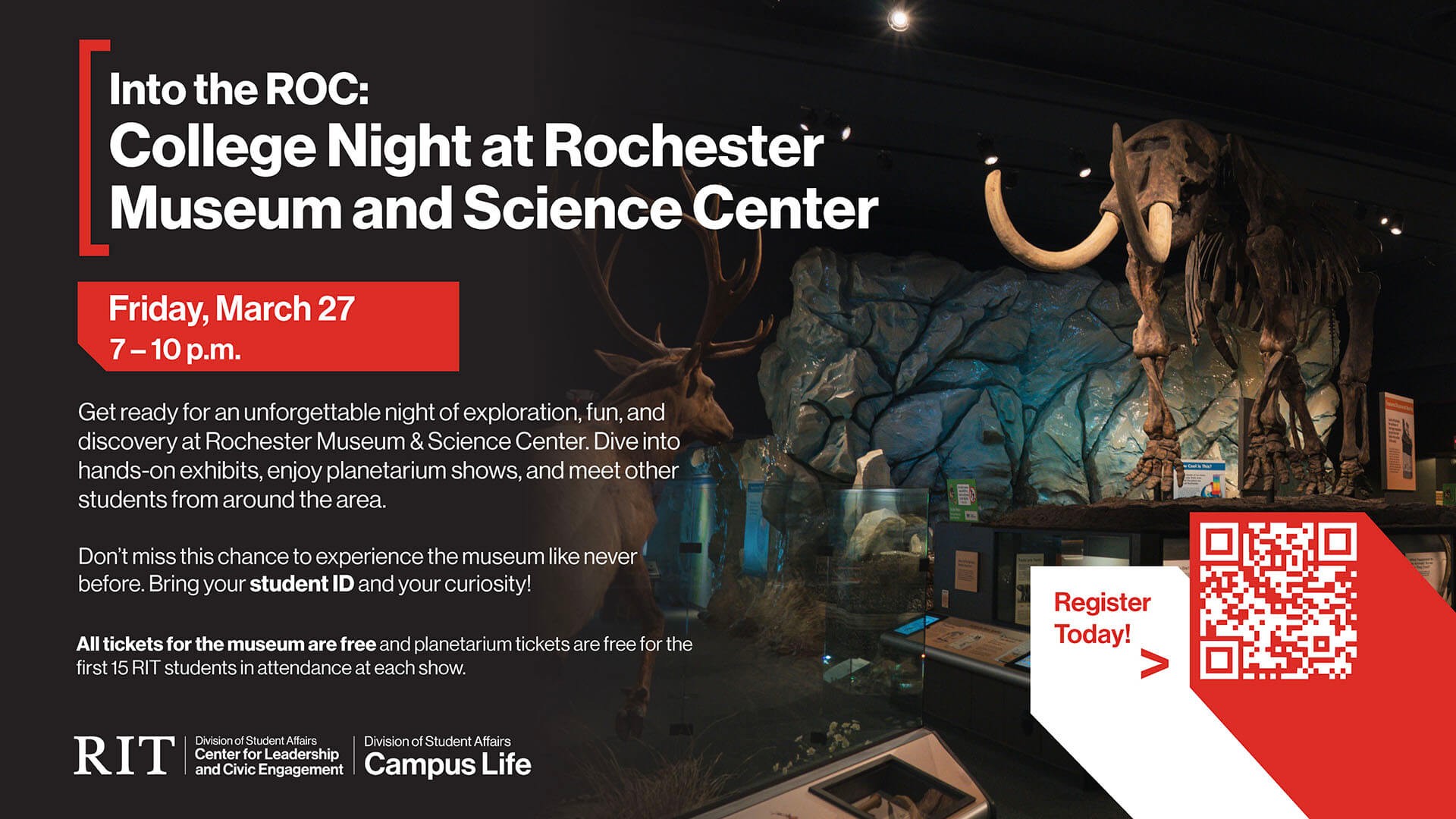 Event poster for RIT 'Into the ROC' College Night at the Rochester Museum and Science Center on March 27, 7–10 p.m. QR code: https://cglink.me/2d1/r2313942