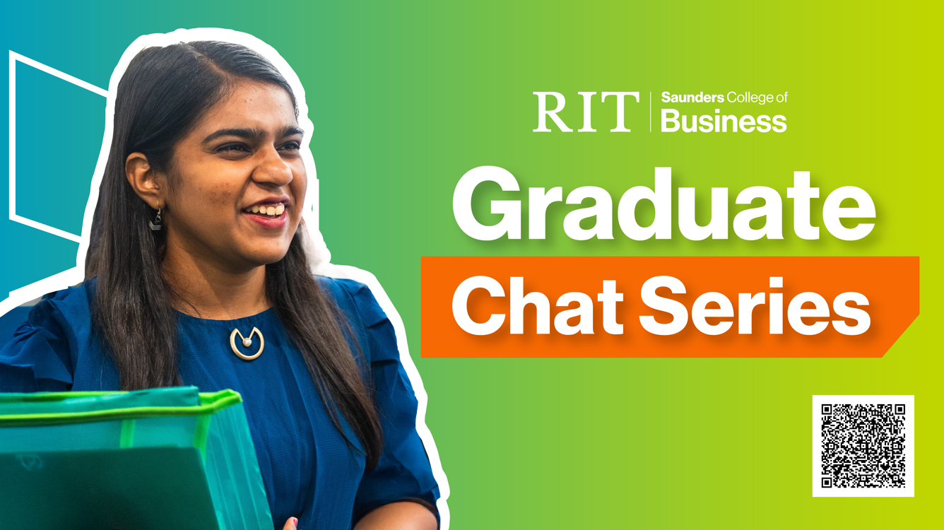 Smiling woman holding folder with "Graduate Chat Series" text on a colorful background.