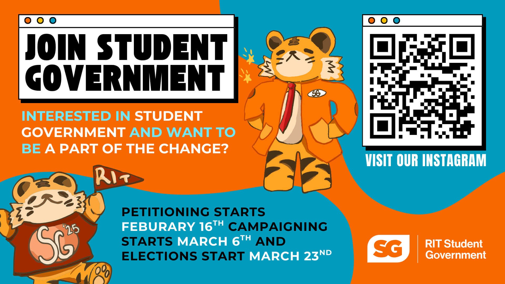 Promotional graphic for RIT Student Government featuring a QR code to Instagram: https://www.instagram.com/rit_sg/, and key dates: petitioning Feb 16, campaigning Mar 6, elections Mar 23.