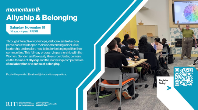 RIT Momentum II: Allyship & Belonging event. Workshop on allyship, collaboration, and belonging. Includes QR code to register.