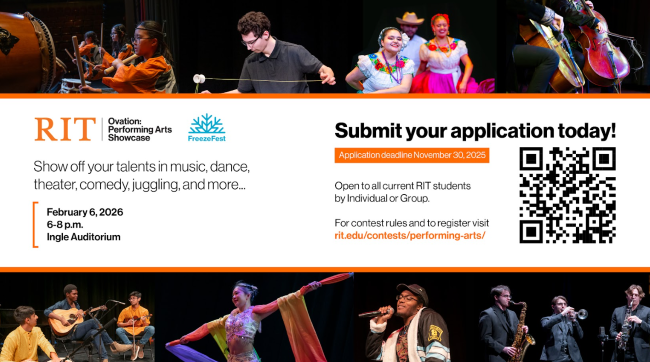 RIT Ovation Performing Arts Showcase poster with event details and photos of performers.
