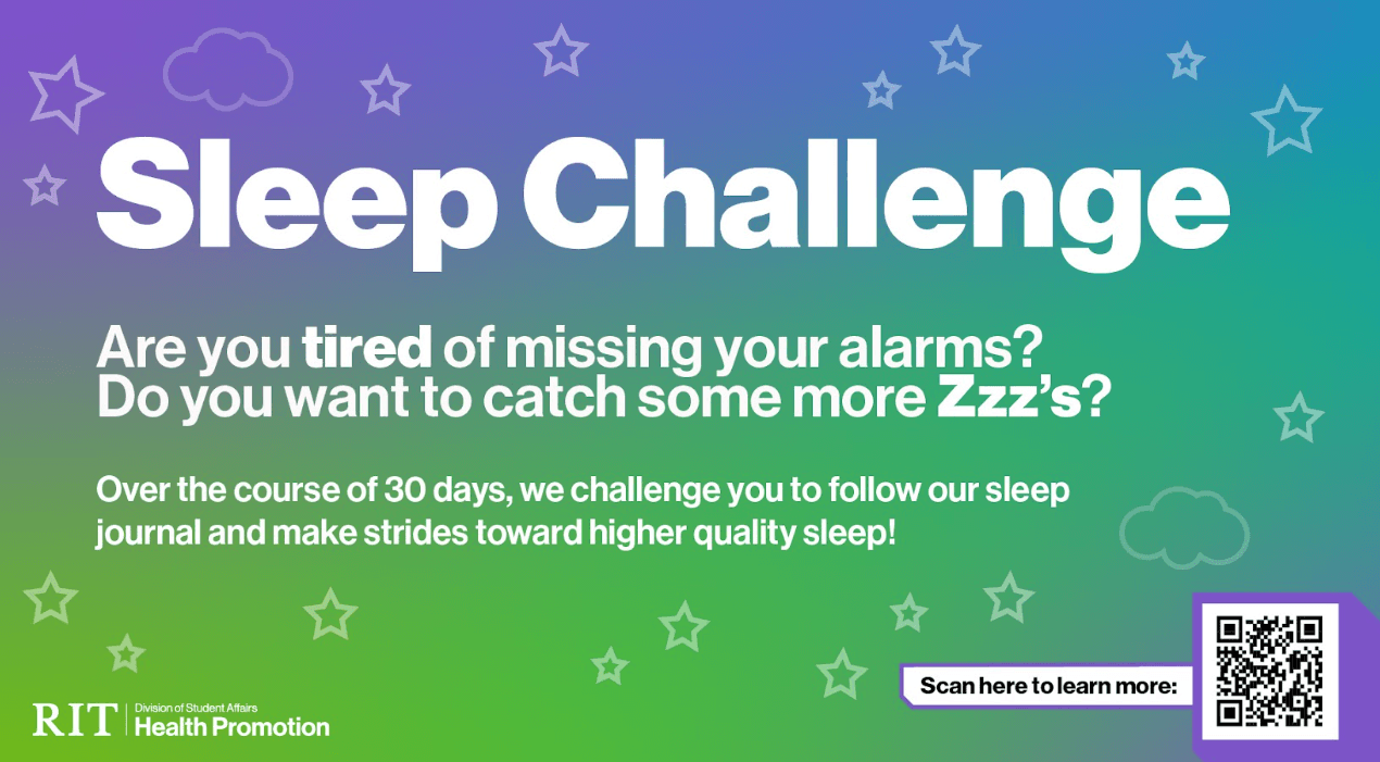 Sleep Challenge promotional graphic: Asks "Are you tired of missing your alarms? Do you want to catch some more Zzz’s?" and invites viewers to follow a 30-day sleep journal to improve sleep quality. https://cglink.me/2d1/r2330256