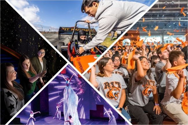 Collage of Rochester Institute of Technology students in various academic and extracurricular settings.