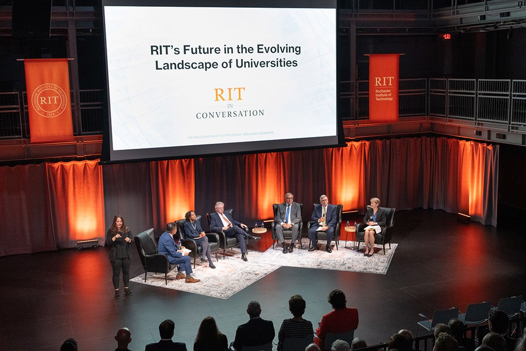 Panel discussion at RIT titled "RIT’s Future in the Evolving Landscape of Universities".