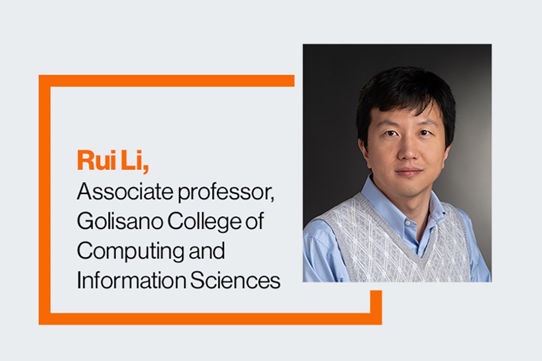 Portrait of Rui Li, Associate Professor at RIT’s Golisano College of Computing and Information Sciences, beside his name and title in orange and black text on a gray background.