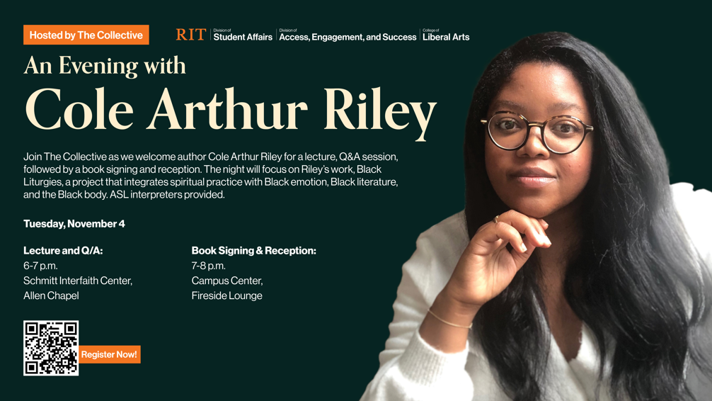 Author Cole Arthur Riley posing beside event details for her lecture and book signing.