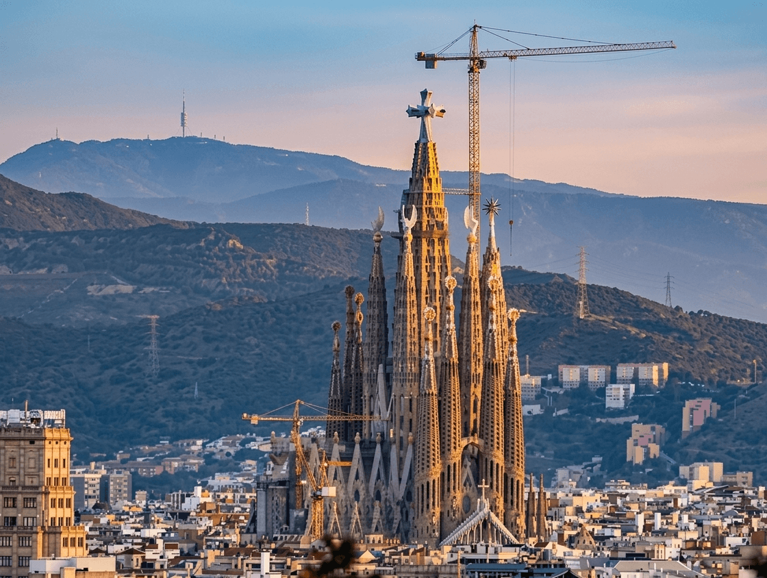 Sagrada Família cathedral in Barcelona, with cranes above its ornate spires, set against a backdrop of hills and city buildings at sunset.