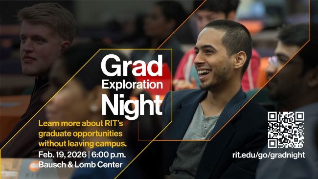 RIT Grad Exploration Night flyer with smiling students, event details, and QR code