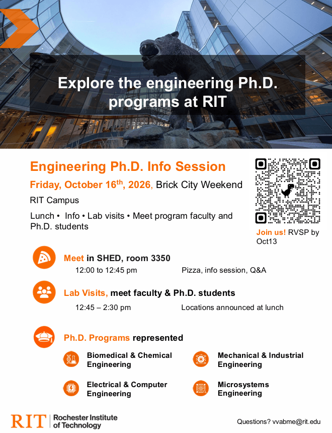 RIT Engineering Ph.D. Info Session flyer for October 16, 2026, featuring program information, schedule, lab visits, and RSVP details.