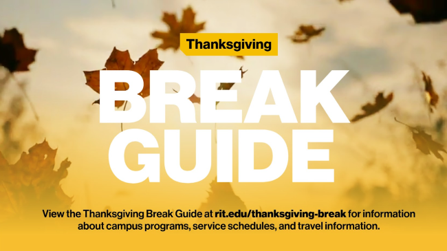 Thanksgiving Break Guide poster with fall leaves and campus info link.