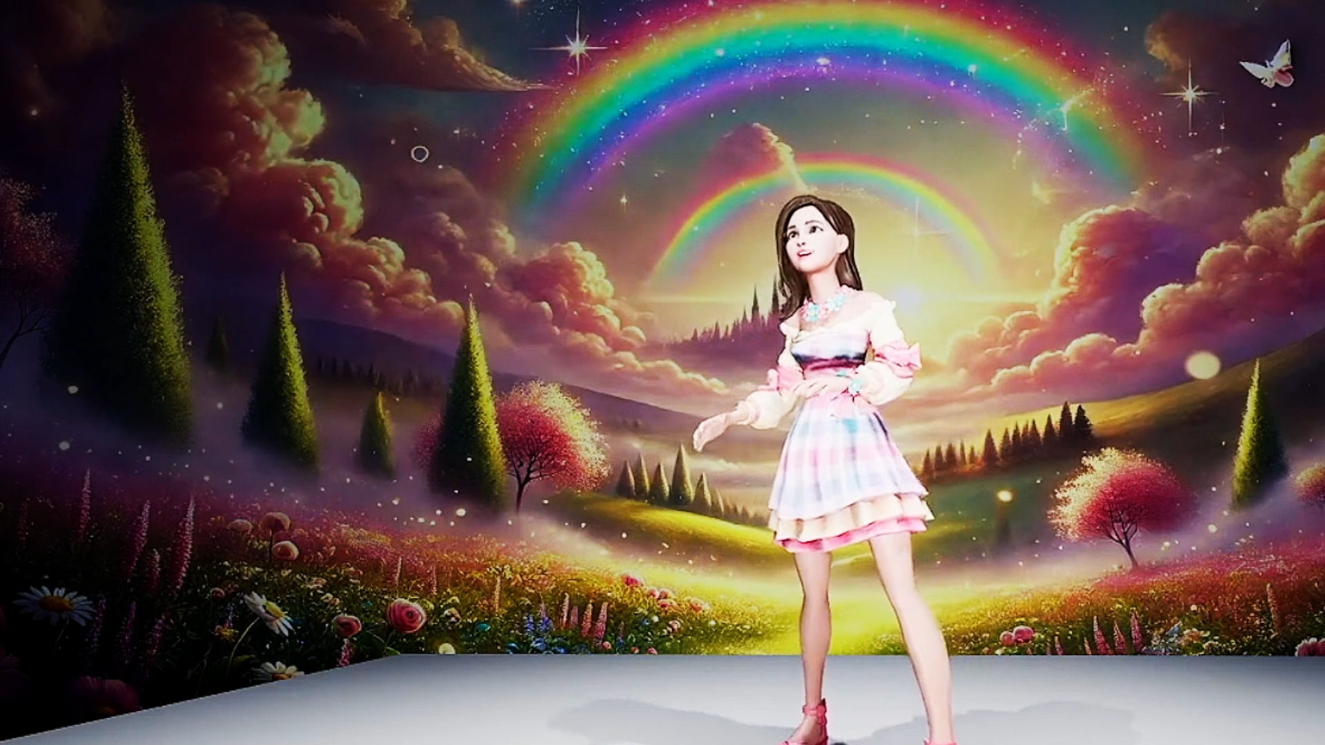 Animated girl in a pastel dress standing in a fantasy landscape with rainbows, glowing clouds, and colorful trees.