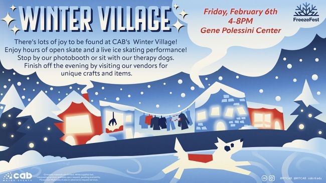 Winter-themed flyer for CAB’s Winter Village on Friday, February 6, from 4–8 p.m. at the Gene Polisseni Center, featuring open skating, a live ice skating performance, a photobooth, therapy dogs, and vendors.