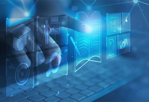 blue abstract background, with floating icons and glyphs representing areas of study, overlayed on a grid of dots and lines