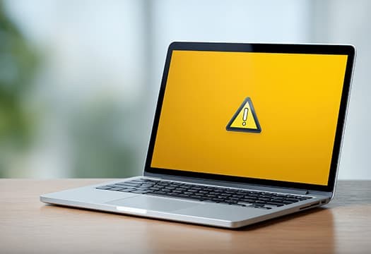 A laptop on a wooden table displays a yellow warning screen with an exclamation mark inside a triangle.