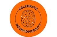 orange circle with a graphic brain composed of connected lines and dots, and black text surrounding stating Celebrate Neurodiversity