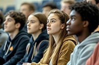 Group of university students listening attentively to a lecture in an auditorium