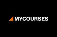 black box with a small decorative orange triangle inline with white letters stating mycourses