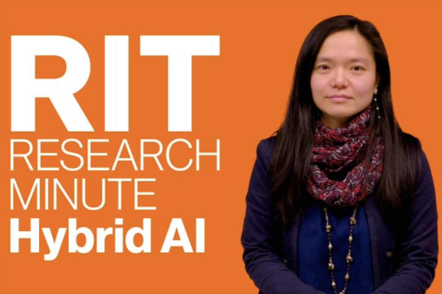 Professor Linwei Wang standing. Caption: RIT Research Minute Hybrid AI.