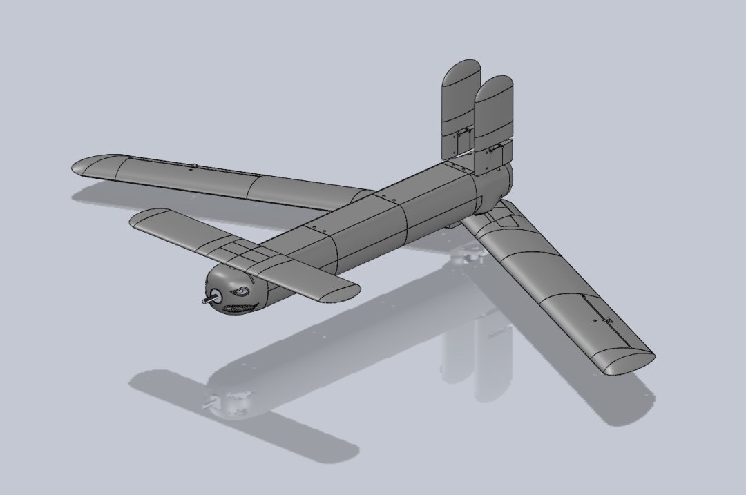 Isometric view of drone showing deployed wings, canards and tail.