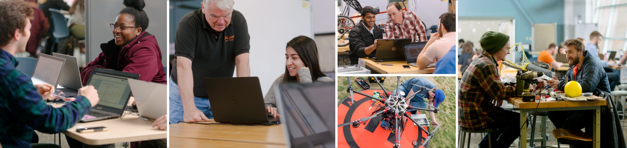 a collage of 5 images of students and professors collaborating and a large drone