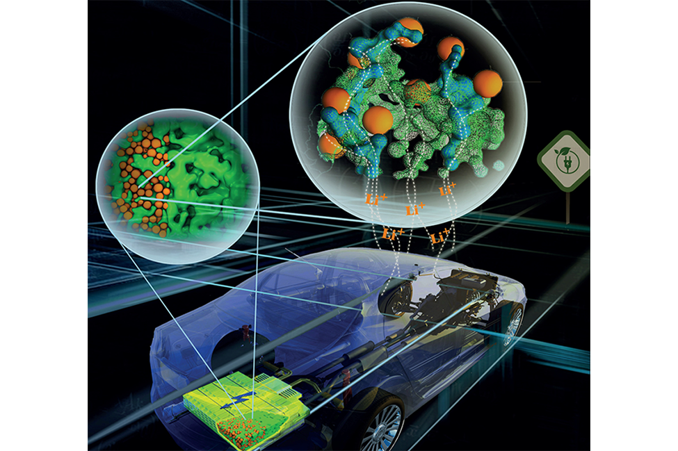 An illustration of the inside of an electric vehicle and particles. 