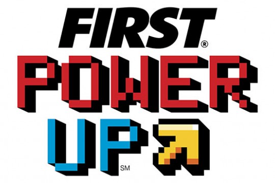 Text saying "First Power Up" with an arrow pointing up.
