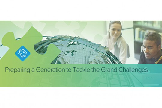 Poster displaying "Preparing a Generation to Tackle the Grand Challenges" and people looking at globe