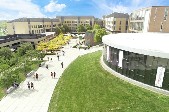 Aerial view of RIT's Global Village plaza.