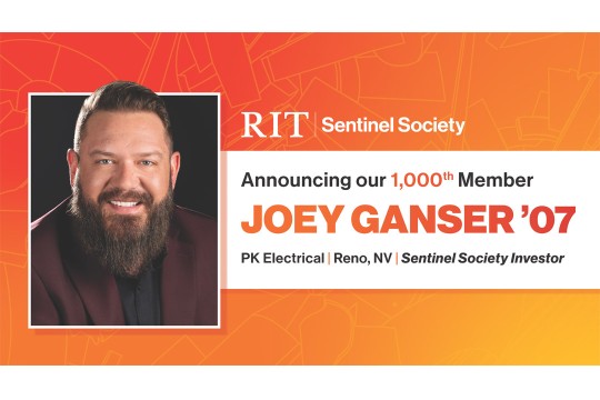a headshot of Joey Ganser on an orange and white background showcasing his name in orange