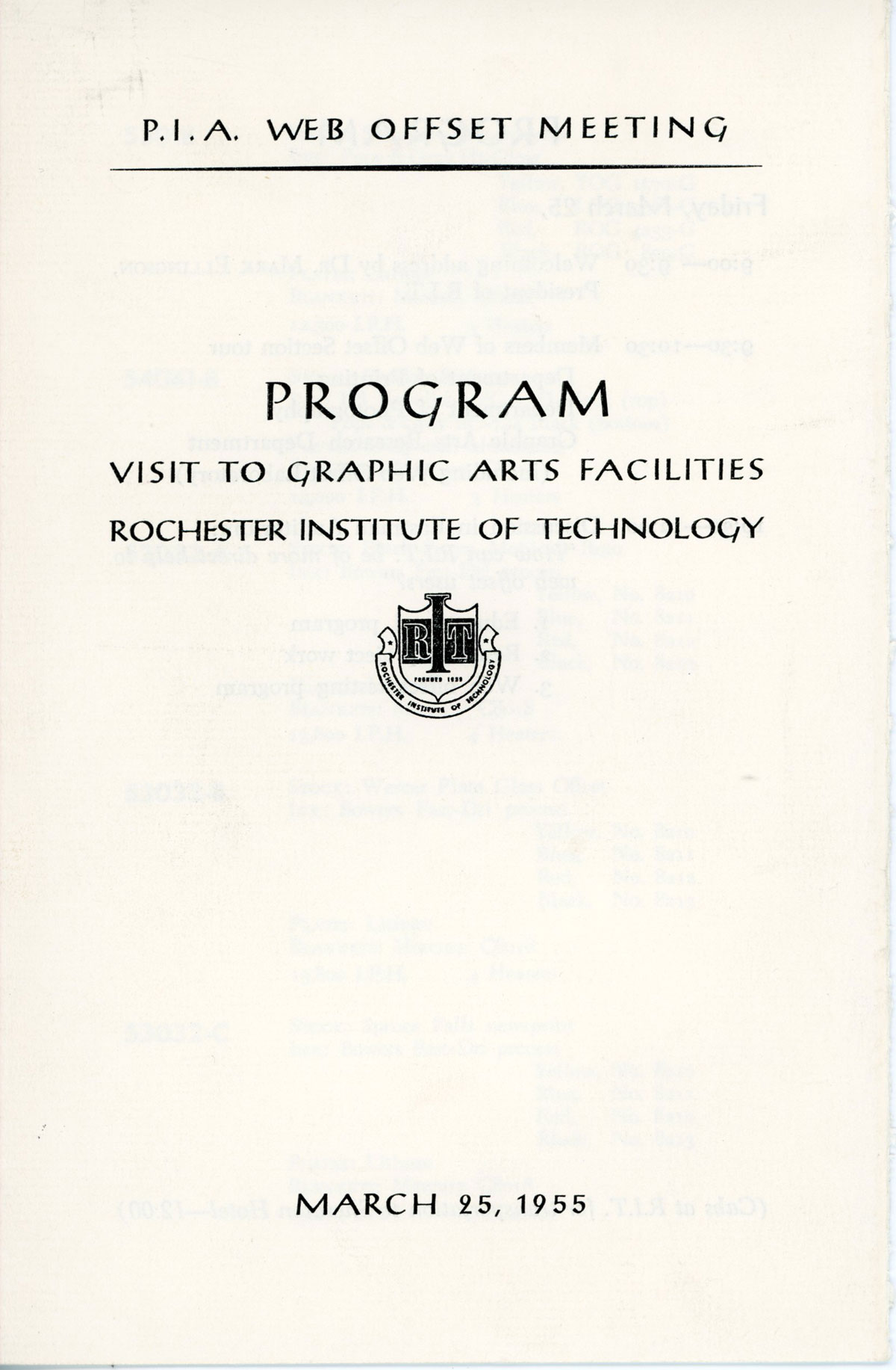 P.I.A. Web Offset Meeting Program visit to graphic arts facilities Rochester Institute of Technology March 25, 1955