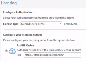 Licensing screen on ArcGis online software