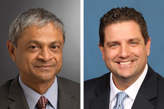 Two headshots of people in suits.
