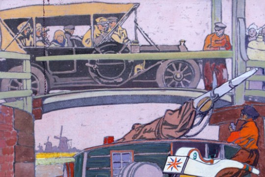 Illustration of car going over bridge