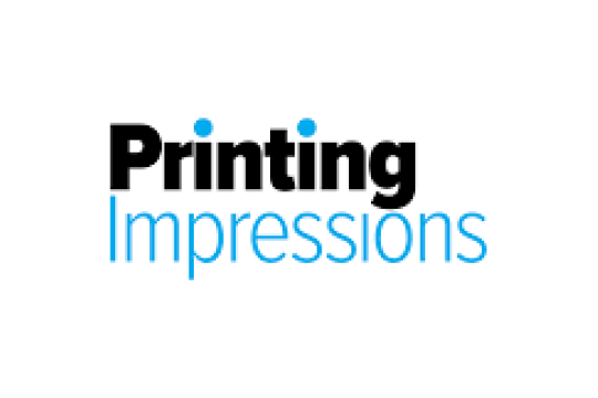 A Printing Impressions logo in black and blue font