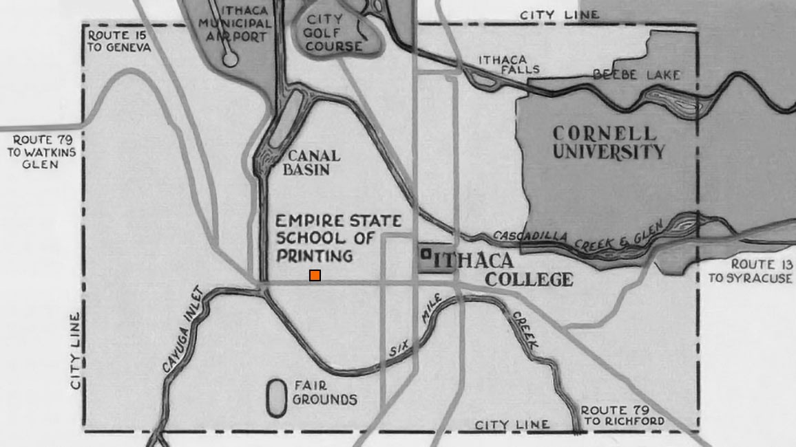 A map of the Ithaca area with the Empire State School of Printing location called out in the center.