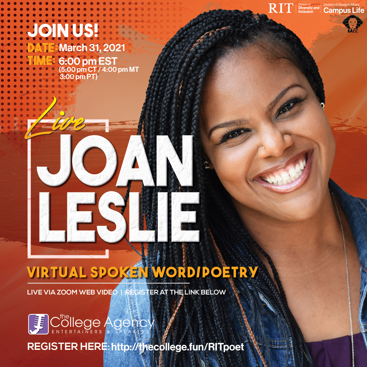 orange background with headshot and text