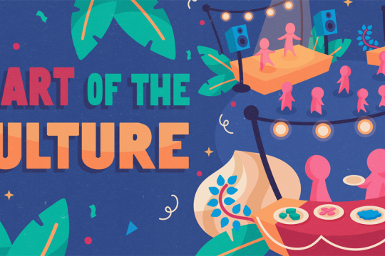 A graphic with the event title "Heart of the Culture" with drawn images of people and a stage with a table of food and string lights